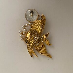 Goldfish Faux Pearl Rhinestones Watch Brooch